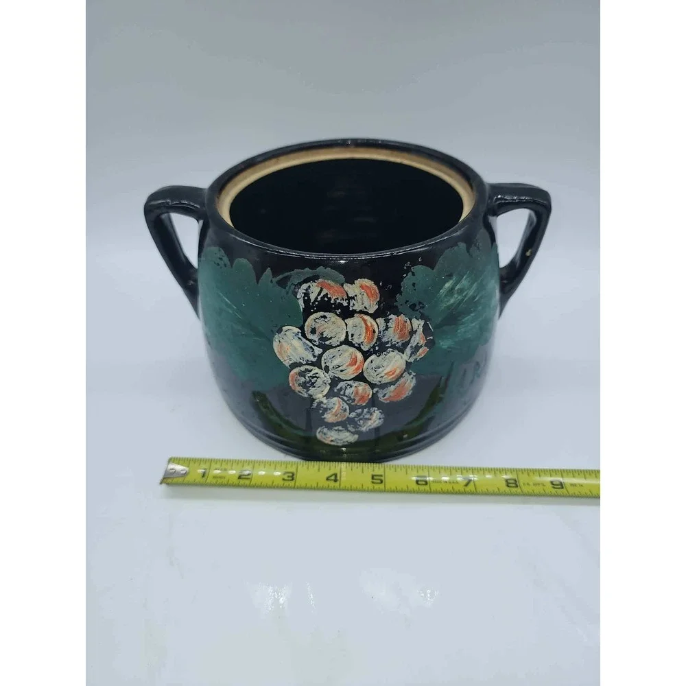 Vintage Black Ceramic Hand Painted Grape Bean Pot Cookie Jar with Lid 2 Handle - Picture 14 of 16